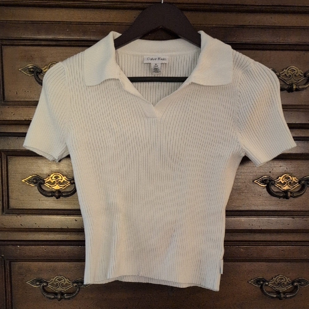 Calvin Klein Women's White Ribbed Polo Top